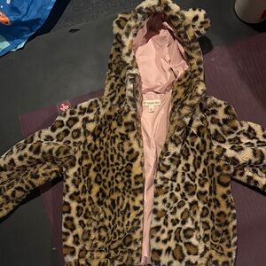 Girls Tucker and Tate Leopard Print Faux Fur Jacket with Pink Lining